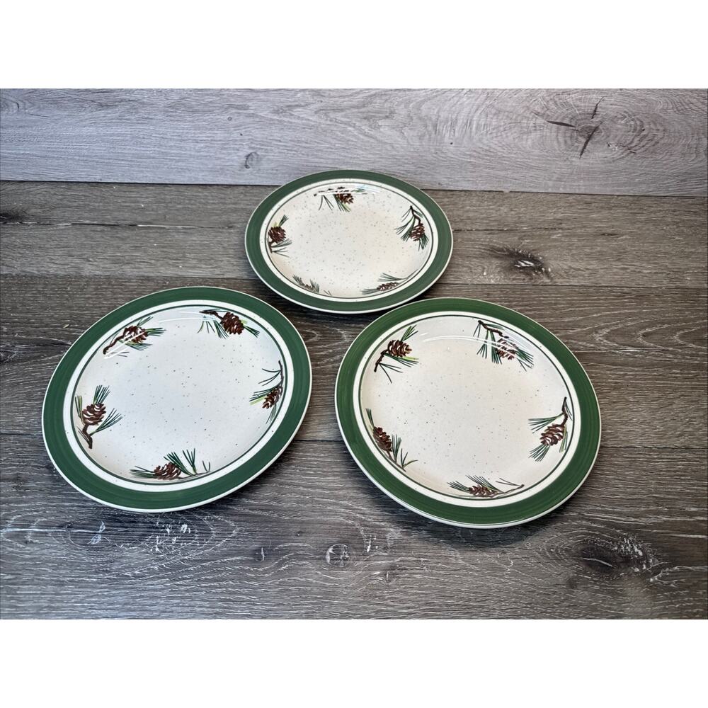 Cabela's Folkcraft Stoneware Pinecone Salad Plates 8 1/2" Winter Christmas Set 3